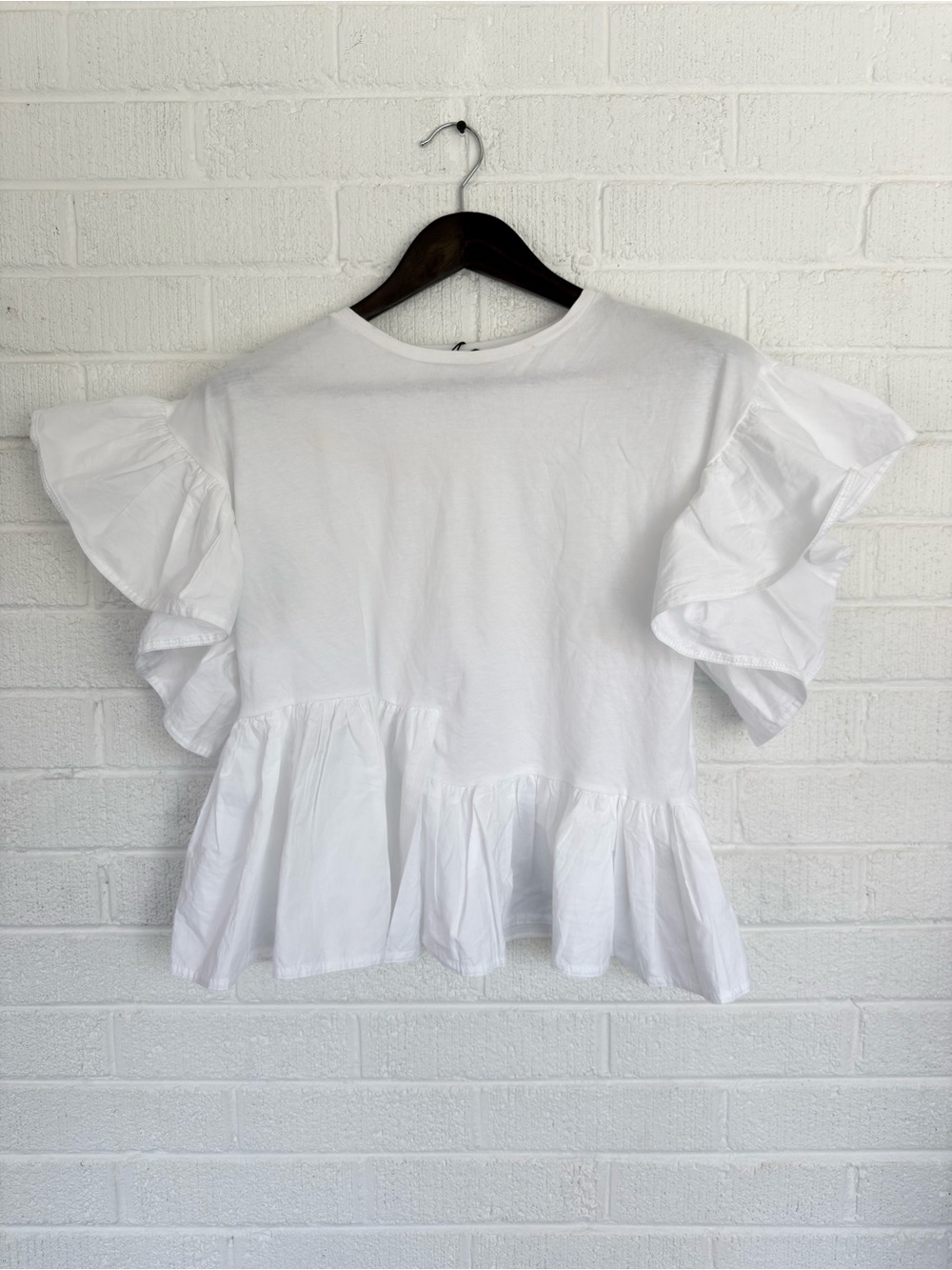 Zara White Ruffle Peplum Short Sleeve Tee